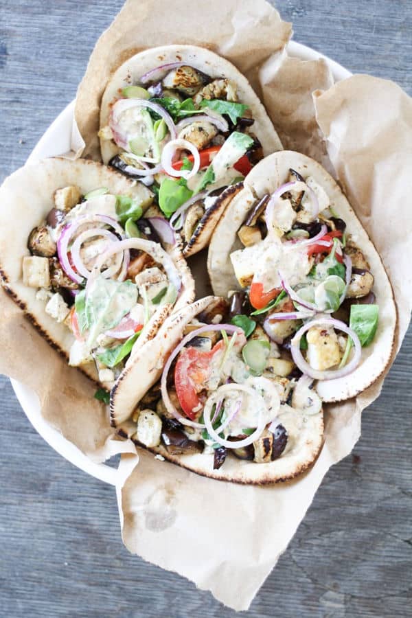 Charred Eggplant Pita Wraps with Lemon Saffron Tahini Sauce