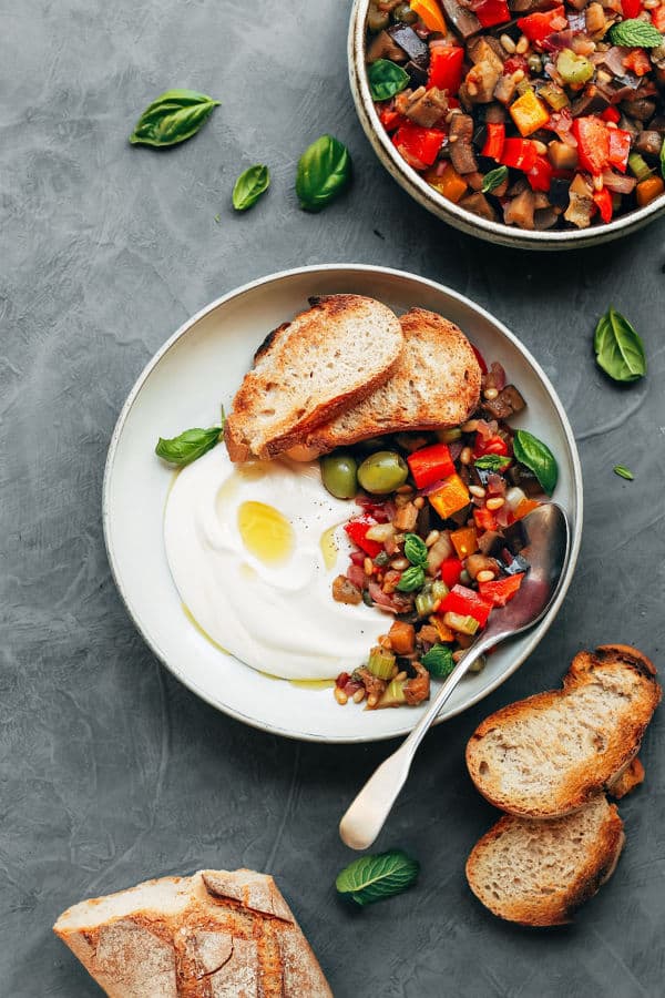Eggplant Caponata with Garlic Yogurt Sauce