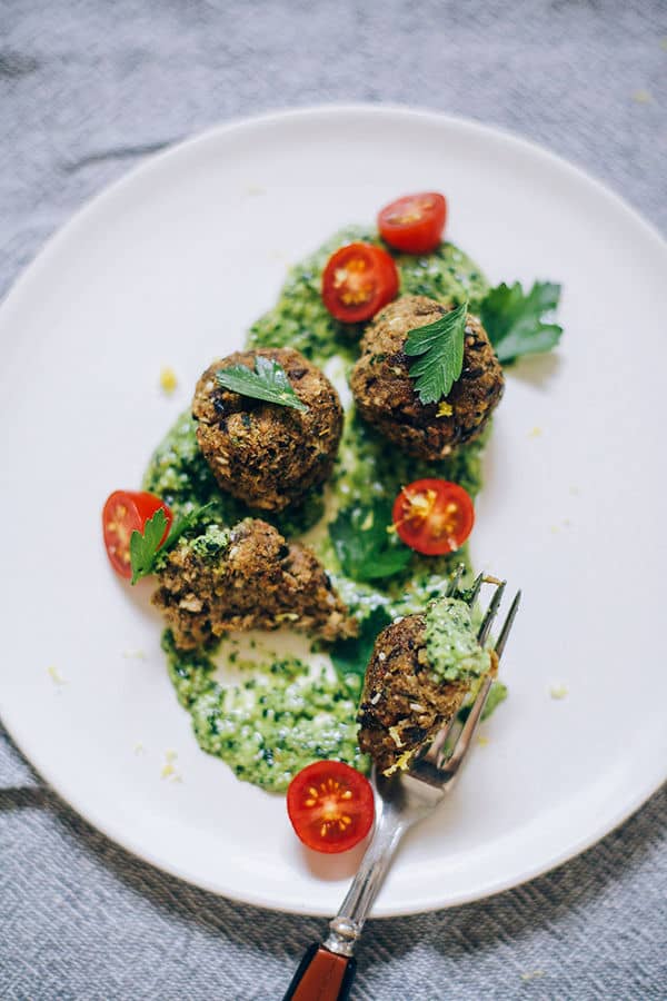 Eggplant Meatballs with Za’Atar and Kale Pesto