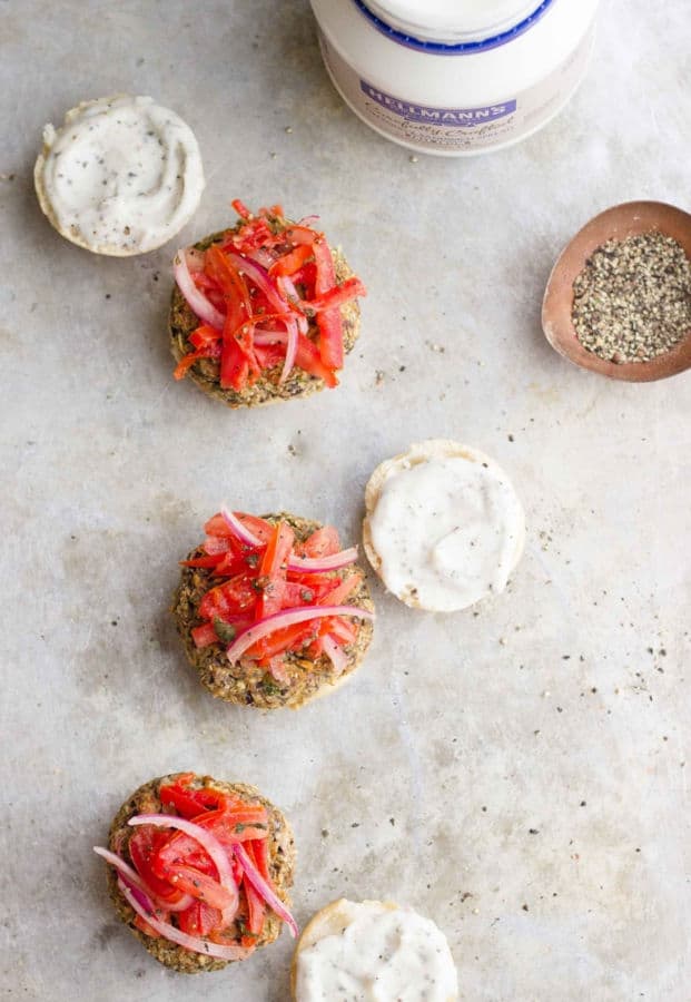 Eggplant Sliders with Oregano Tomato Slaw and Peppercorn Aioli