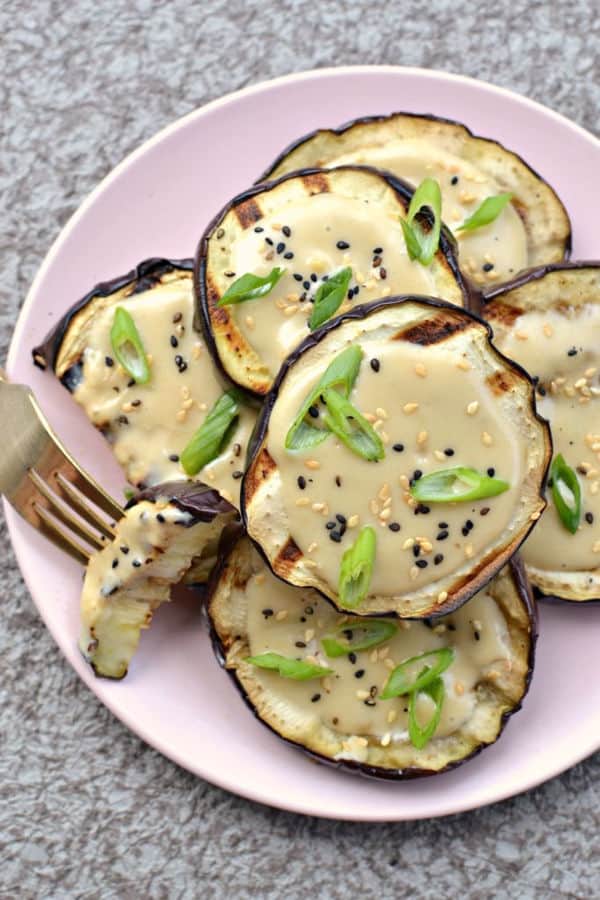 Grilled Eggplant Steaks with Miso Maple Tahini Sauce