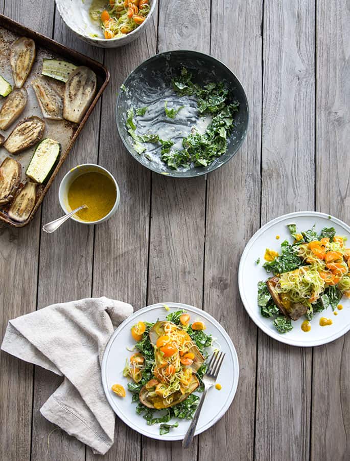 Grilled Eggplant with Zucchini, Sungold Tomato with Leek Salsa, and Zucchini Blossom Pesto Marinated Kale