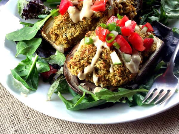 Quinoa Falafel Stuffed Eggplant