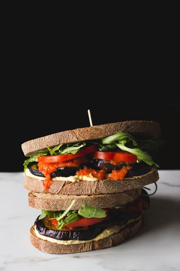 Roasted Eggplant Sandwich with Harissa Relish and Hummus