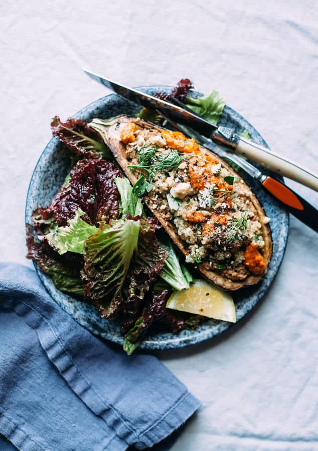 Stuffed Eggplant with Sunflower Romesco