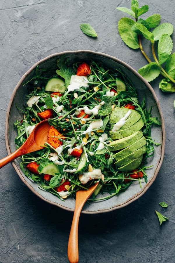 Arugula and Sweet Potato Salad with Mint Yogurt Dressing