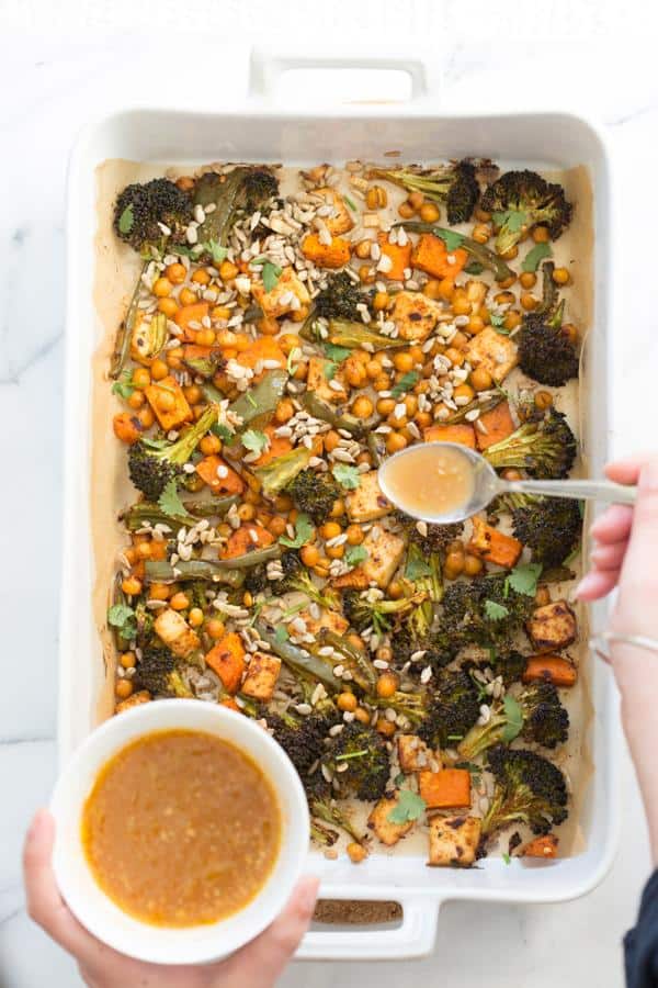 Sheet Pan Veggie Dinner with Broccoli, Sweet Potato, Tofu, Chickpeas and Miso Maple Dressing